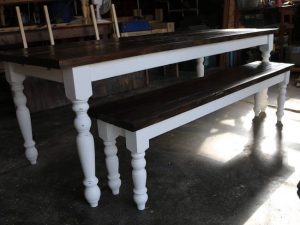 Skinny turned leg farmhouse dining table and bench in brown and white base